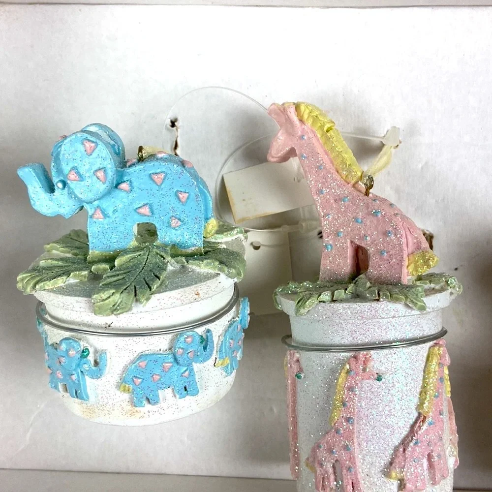 Vintage boxed set 3 Circus Zoo Animal glittered ornaments baby’s 1st Christmas